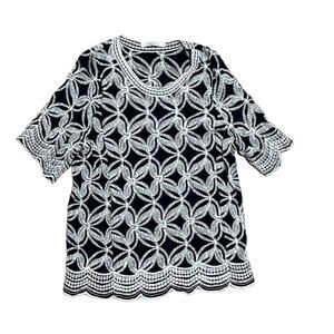 Solitaire by Ravi Khosla Top Women Plus Size 1X Navy Blue White Boho Embroidery